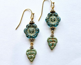 Blue Czech Glass Flower with Heart Leaf Earrings