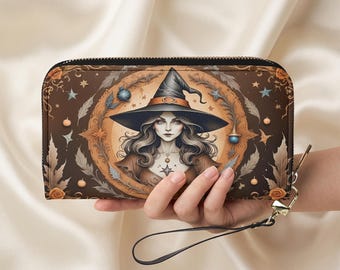 Mystical Witch Celestial Wallet, Vegan Leather Wristlet Clutch