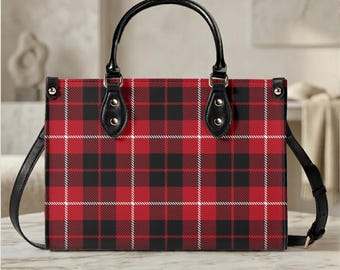 Red Tartan Plaid Tote Bag, Classic Check Handbag, Vegan Leather Cozy Winter Bag