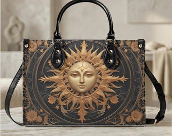 Golden Sun Face Handbag, Baroque Celestial Astrology Tote