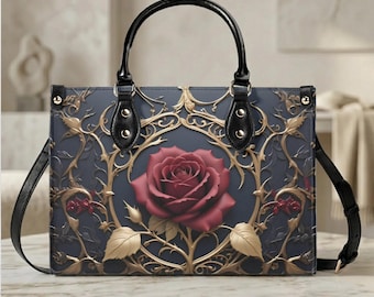 Gothic Rose Handbag, Vegan PU Leather Dark Floral Crossbody Purse