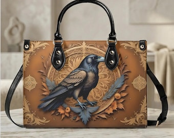 Gothic Raven Tote Bag, Ornate Bird Vegan Leather Purse, Dark Nature Statement Accessory