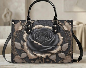 Zwart roze bloemen crossbody tas, donkere elegante handtas, romantische PU-leren tas