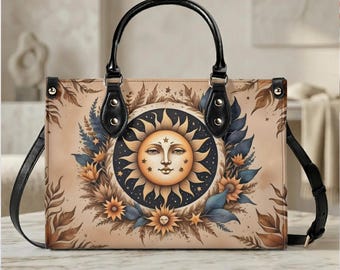 Celestial Sun Face Vegan Leather Handbag, Boho Astrology Tote Bag