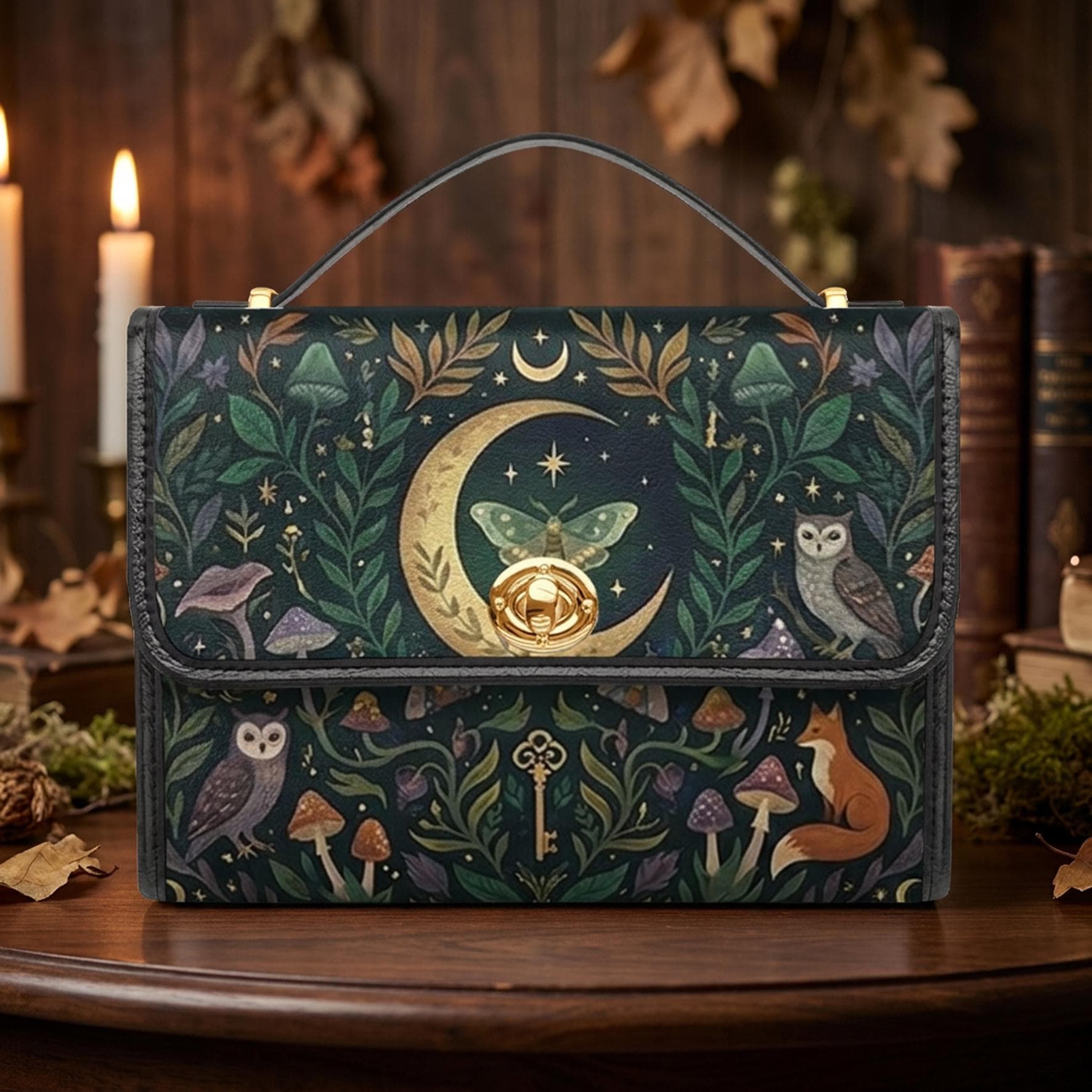 Woodland Moon Moth Satchel Bag, Witchy Owl Fox Crossbody Purse, Celestial Mushroom Handbag