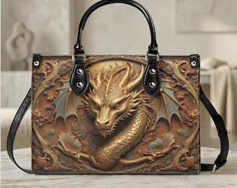 Torebka Golden Dragon, prezent dla miłośnika smoków, ozdobna, fantazyjna torebka typu crossbody w ciepłych, brązowych odcieniach