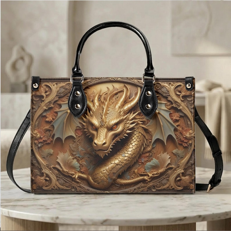 Golden Dragon Handbag, Dragon Lover Gift, Ornate Fantasy Crossbody Purse in Warm Brown Tones image 1