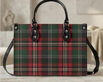 Red Green Tartan Plaid Handbag Classic Check Purse Vegan PU Leather Gift for Her
