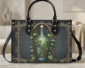 Ornate Ivy Bottle Handbag: Botanical Gothic Crossbody Bag, Vegan Leather