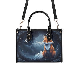 Moonlit Fox Handbag, Celestial Night Sky Woodland Bag, Vegan Leather Purse
