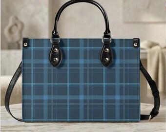 Bolsa clássica xadrez azul, bolsa de mão com estampa tartan, bolsa preppy para o dia a dia, presente minimalista para ela.