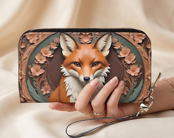 Rot Fuchs Floral Vegan Leder Reißverschluss Geldbörse, Woodland Natur Clutch Geldbörse