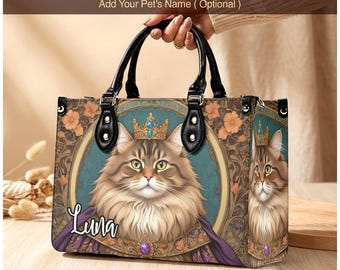 Regal Siberian Cat Portrait Handbag, Vegan Leather Crown Kitty Bag