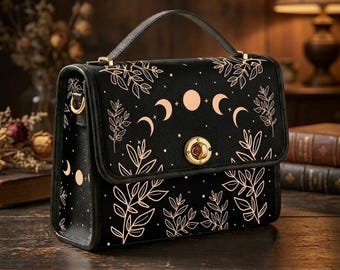 Sac cartable Celestial Moon Phase, sac à main bandoulière en cuir végétalien botanique
