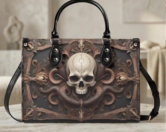 Gothic Skull Snake Handbag, Witchy Vegan Leather Tote, Dark Baroque Purse
