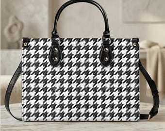 Houndstooth Crossbody Purse: Vegan Leather Shoulder Bag, Classic Black White Pattern