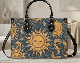 Celestial Sun Moon Handbag, Vintage Astrology Tote Bag, Boho Cosmic Purse