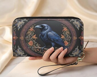 Raven Floral Wallet, Gothic Botanical Art Wristlet, Vegan Leather Zip Around Purse
