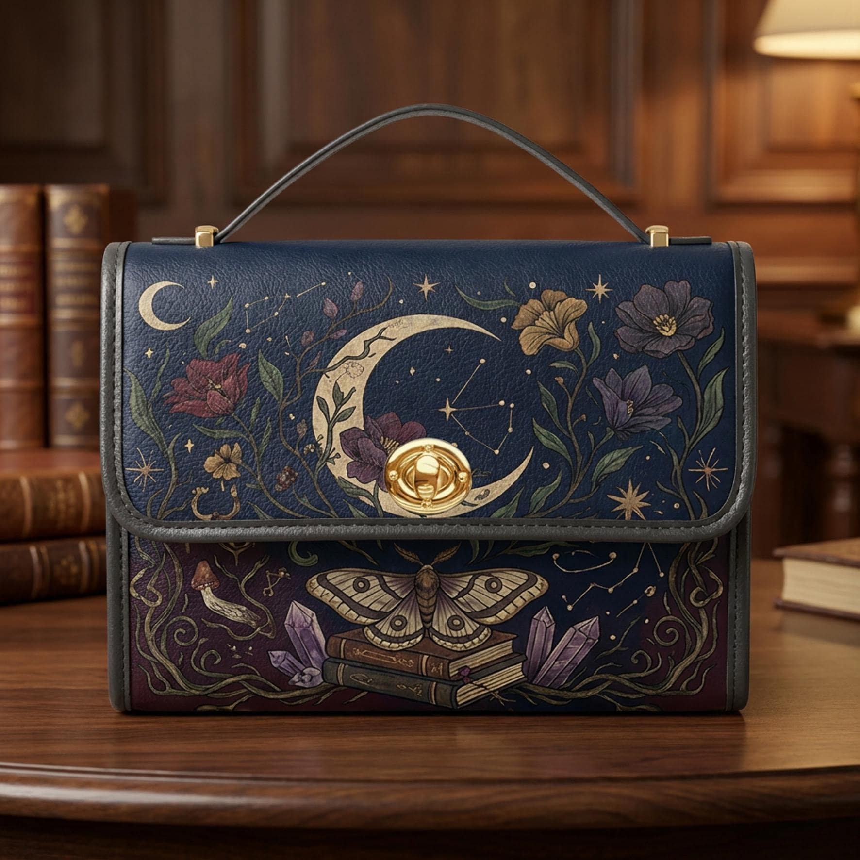 Celestial Owl Satchel Bag, Witchy Bookish Crossbody Purse, Moon Moth Crystal Handbag, Mystical Vegan