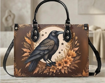 Raven Moon Handbag, Gothic Bird Tote, Dark Cottagecore Floral Bag
