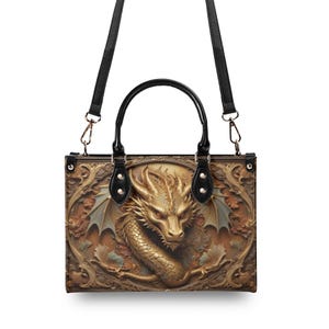 Golden Dragon Handbag, Dragon Lover Gift, Ornate Fantasy Crossbody Purse in Warm Brown Tones image 7