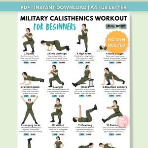 Pode incluir: Um guia de treino imprimível intitulado "Military Calisthenics Workout for Beginners". A rotina de corpo inteiro inclui exercícios como agachamentos, flexões de joelhos, joelhos altos, pontes de glúteos, pranchas de antebraço, estocadas, mergulhos, alpinistas, saltos, sentar na parede, insetos mortos e estocadas laterais.