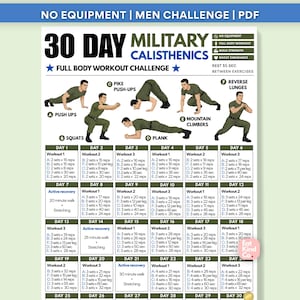 Könnte beinhalten: Ein 30-Tage-Trainingsplan für militärische Calisthenics mit Illustrationen von Übungen wie Liegestützen, Kniebeugen, Pike Push-ups, Unterarmstütz, Mountain Climbers und Ausfallschritten. Das Dokument enthält einen täglichen Plan mit Sätzen.