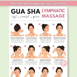Può includere: Una tabella di istruzioni digitale intitolata GUA SHA LYMPHATIC MASSAGE che presenta dodici illustrazioni numerate di una persona che dimostra tecniche di massaggio facciale e del collo con uno strumento in pietra rosa, incluse istruzioni testuali.