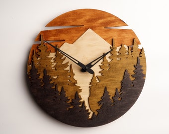 Landscape clock, Mountain wall clock, Forest wall clock, Mountain forest wall art, Nature wall clock, Forest wood art, Tree wall clock