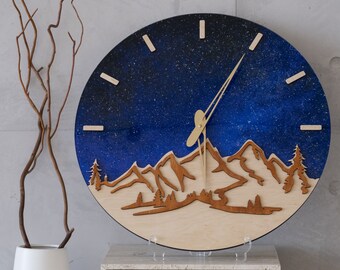 Mountain wall clock, Nature wall clock, Night sky wall clock, Space wall clock, Forest wall clock, Landscape clock, Galaxy wall clock