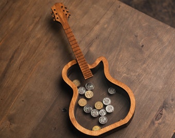 Guitar piggy bank, Guitar coin bank, Piggy bank adult, Coin storage box, Saving bank, Tip jar stand, Coin bank adult, Guitar money box