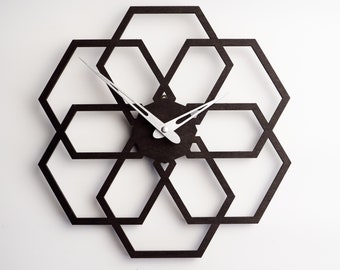 Flower wall clock, Floral wall clock, Geometric wall clock, Hexagon clock, Wooden wall clock large, Minimalist clock, Modern wall clock wood