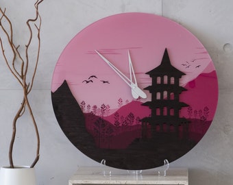 Japanese wall clock, Japan wall clock, Japanese temple clock, Japan mountain clock, Mountain wall clock, Nature wall clock, Japandi wall art