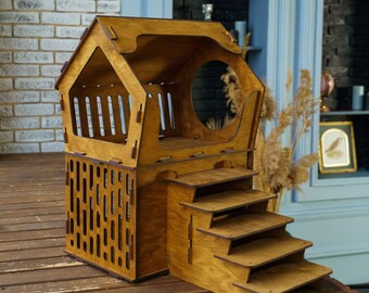 Wooden cat house indoor, Extra large cat cave, Cat house with stairs, Cat castle tower, 2 floor cat house, Pet house with stairs, Cat crate