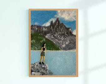 Impresión de pintura al óleo de los Dolomitas: Mujer joven en un lago alpino (descarga digital)