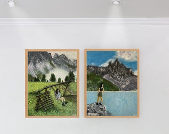 Conjunto de 2 pinturas al óleo de las montañas Dolomitas: arte paisajístico de los Alpes italianos (descarga digital)