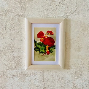 VINTAGE ORIGINAL POSTKARTE 1965,Holz Buche Rahmen Rote Begonie. Heimat Blumen.Handgemachtes Geschenk Retro Dekor Komfort Zuhause