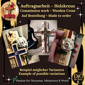 Pode incluir: Cruzes de madeira com elementos decorativos, incluindo uma pomba, uma rosa e padr&otilde;es intrincados. A imagem mostra exemplos de cruzes feitas sob medida, com o texto "Commission work - Wooden Cross" e "Example of possible variations."