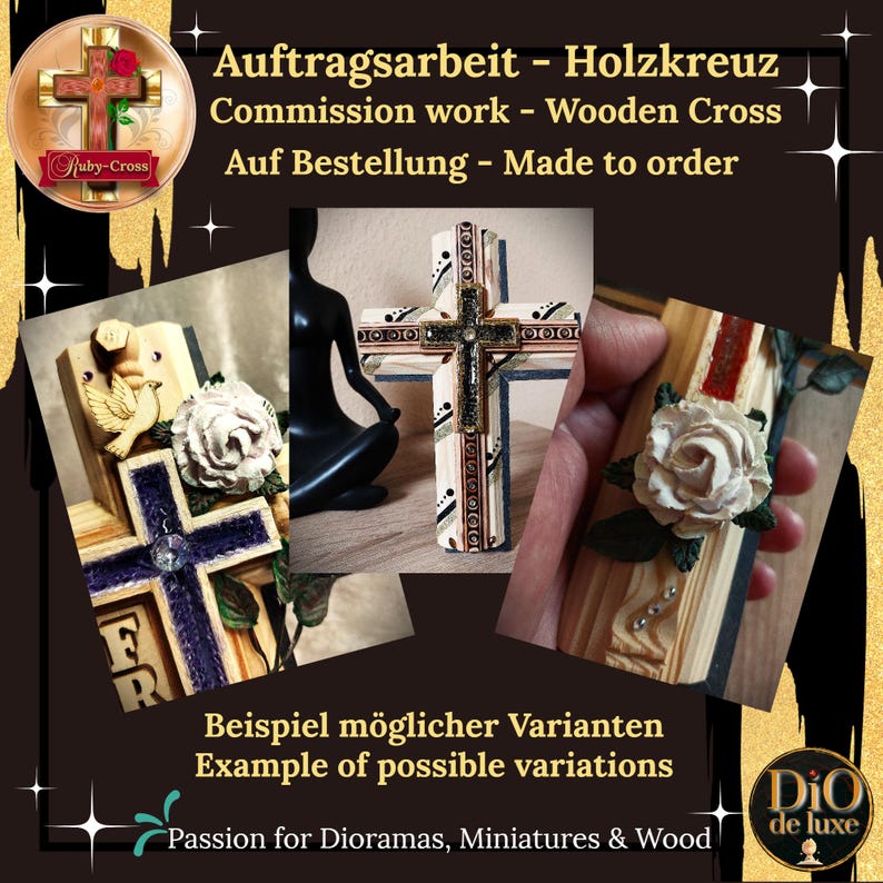 Pode incluir: Cruzes de madeira com elementos decorativos, incluindo uma pomba, uma rosa e padr&otilde;es intrincados. A imagem mostra exemplos de cruzes feitas sob medida, com o texto "Commission work - Wooden Cross" e "Example of possible variations."