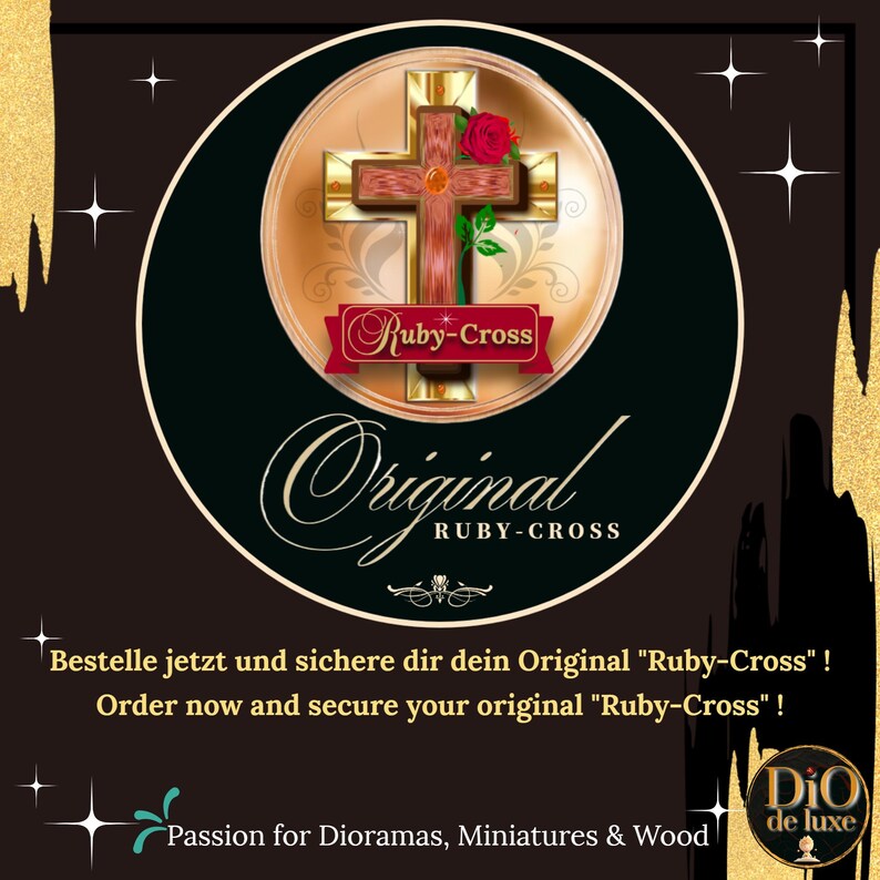 Pode incluir: Um emblema decorativo com uma cruz com um rubi e uma rosa. A cruz est&aacute; sobre um fundo dourado dentro de um c&iacute;rculo. Os textos "Ruby-Cross" e "Original" est&atilde;o presentes. A imagem tamb&eacute;m inclui o texto "Passion for Dioramas, Miniatures & Wood".