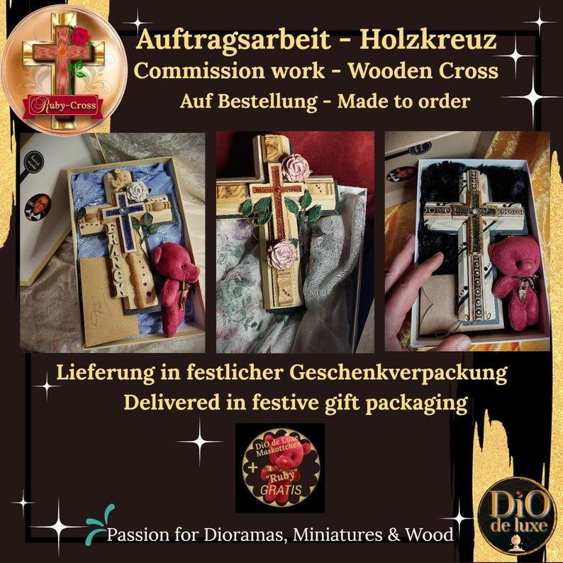 Pode incluir: Cruzes de madeira com detalhes florais, apresentadas em caixas de presente. A imagem inclui texto em alem&atilde;o e ingl&ecirc;s: "Commission work - Wooden Cross" e "Delivered in festive gift packaging."