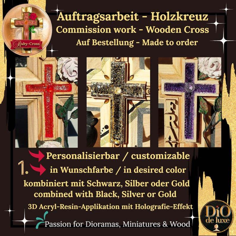 Pode incluir: Cruzes de madeira com detalhes em resina vermelha, dourada e roxa s&atilde;o exibidas. As cruzes s&atilde;o personaliz&aacute;veis e est&atilde;o dispon&iacute;veis nas cores desejadas, combinadas com preto, prata ou ouro. O texto diz "Commission work - Wooden Cross."