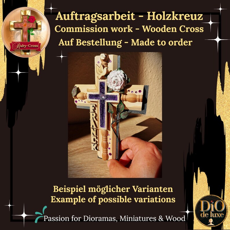Pode incluir: Uma cruz de madeira com um design floral roxo e branco. A cruz tem o nome "FRANZ" verticalmente na frente. O texto "Commission work - Wooden Cross" est&aacute; na parte superior da imagem.