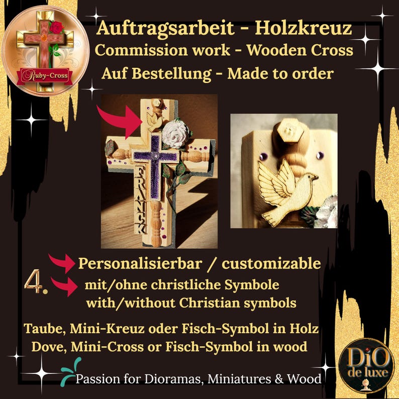 Pode incluir: Cruz de madeira com um design roxo e branco, com uma pomba e detalhes florais. O texto diz "Commission work - Wooden Cross" e "Made to order". Personaliz&aacute;vel com ou sem s&iacute;mbolos crist&atilde;os.