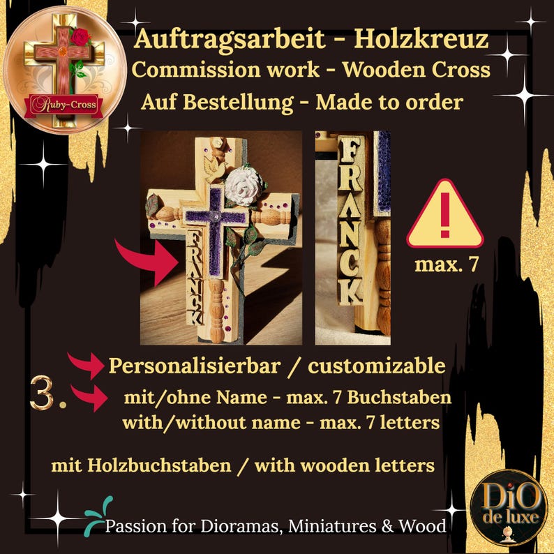 Pode incluir: Cruz de madeira com um design de cruz roxa, uma rosa branca e o nome "FRANCK" em letras de madeira. A cruz &eacute; personaliz&aacute;vel com at&eacute; 7 letras. A imagem inclui o texto "Commission work - Wooden Cross".