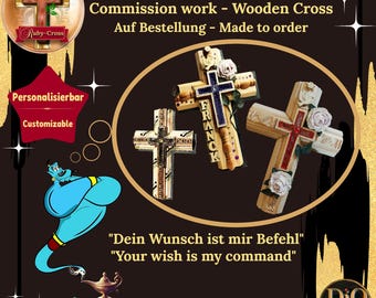 Personalisierbares Holzkreuz Auftragsarbeit Ruby-Cross, Unikat, 3D-Acryl-Resin-Applikation, Holografie-Effekt, inkl. Geschenkverpackung