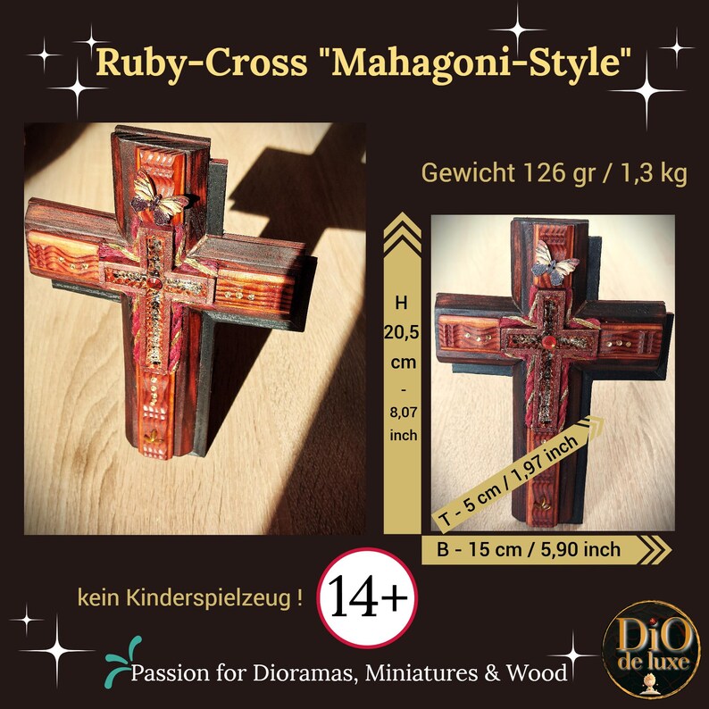 K&ouml;nnte beinhalten: Handgefertigtes Holzkreuz, "Ruby-Cross Mahagoni-Style", mit Schmetterlingsakzent. Das Kreuz ist 20,5 cm hoch und 15 cm breit. F&uuml;r Dioramen, Miniaturen und Holzprojekte.