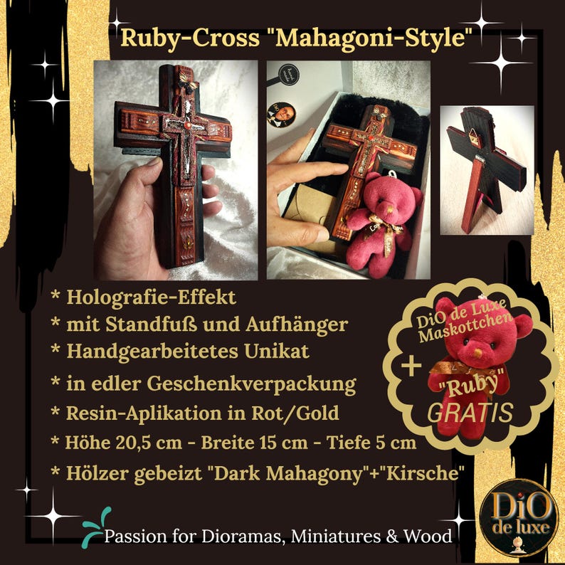 K&ouml;nnte beinhalten: Handgefertigtes Holzkreuz im dunklen Mahagoni-Stil mit roten und goldenen Harzakzenten. Das Kreuz ist 20,5 cm hoch, 15 cm breit und 5 cm tief. Das Bild enth&auml;lt einen kostenlosen roten Teddyb&auml;ren.