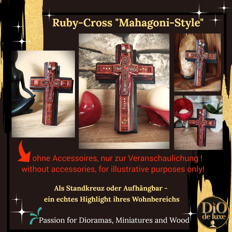 K&ouml;nnte beinhalten: Ein Holzkreuz im Mahagoni-Stil mit roten und silbernen Akzenten. Das Kreuz wird in verschiedenen Ansichten gezeigt, um sein Design hervorzuheben. Der Text lautet "Ruby-Cross Mahagoni-Style".