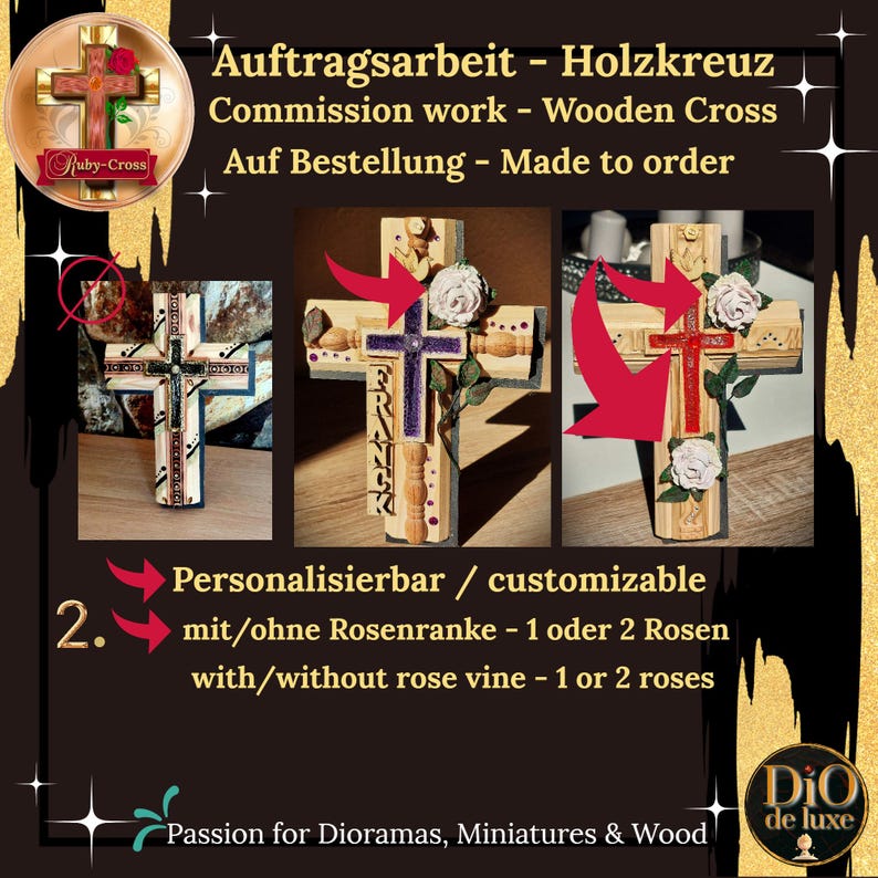 Pode incluir: Cruzes de madeira com elementos decorativos, incluindo rosas e trepadeiras. As cruzes s&atilde;o personaliz&aacute;veis e est&atilde;o dispon&iacute;veis com ou sem trepadeiras de rosas. O texto na imagem diz "Trabalho por encomenda - Cruz de madeira" e "Feito por encomenda."